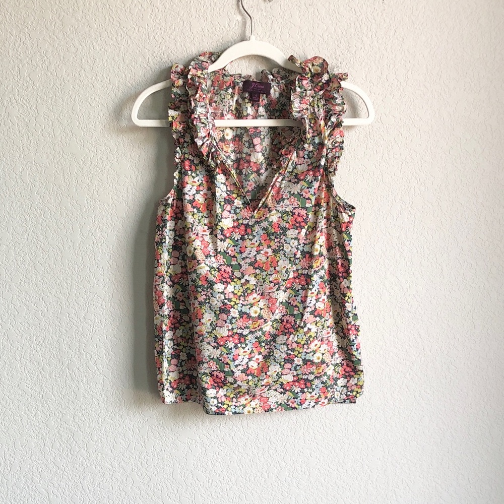 J Crew Liberty Fabric Floral Ruffle Neck Blouse Tank Cotton V Neck G3829